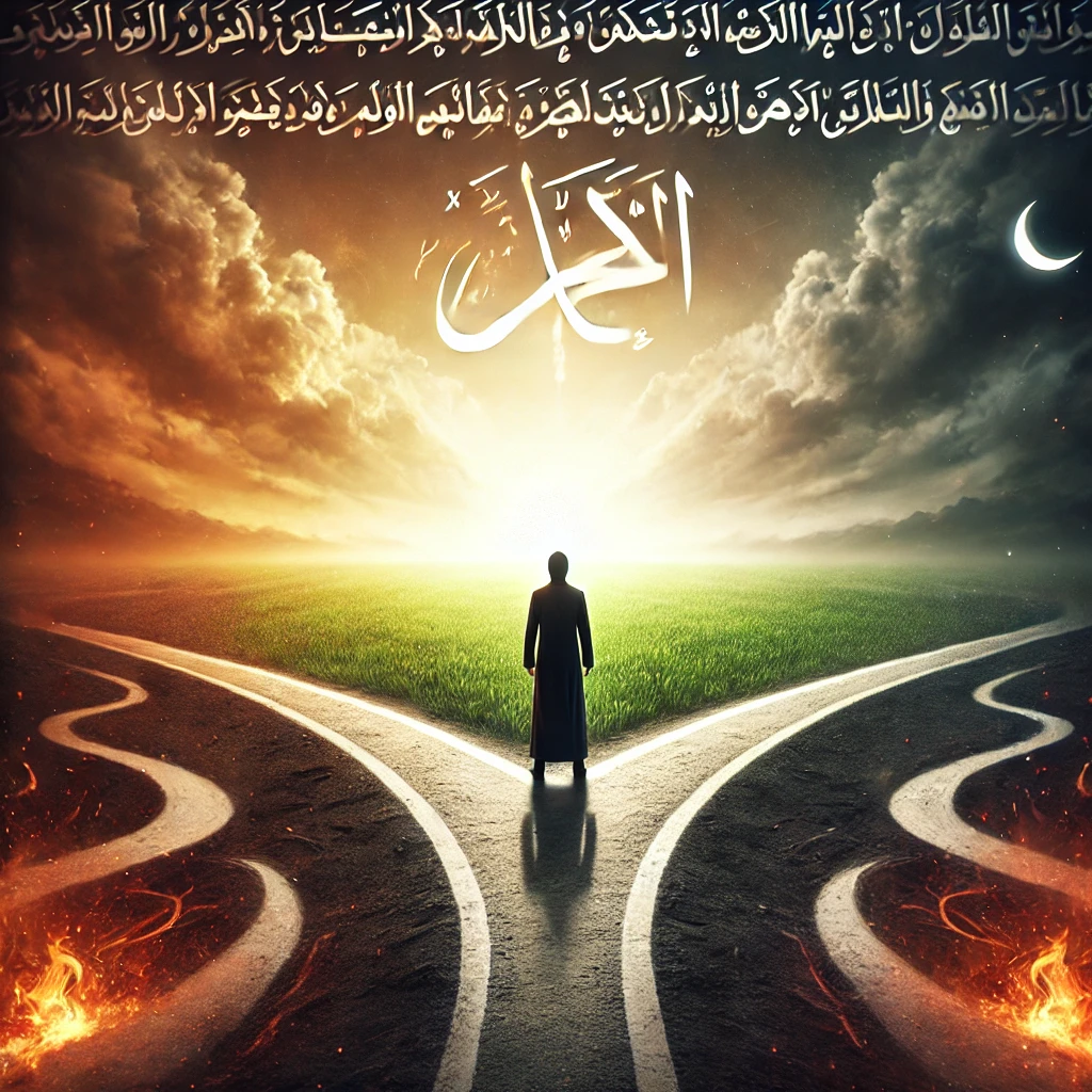 DALL·E 2024-10-18 11.54.31 - A symbolic image representing the consequences of deliberate opposition and choosing the wrong path, inspired by Islamic teachings. The image shows a