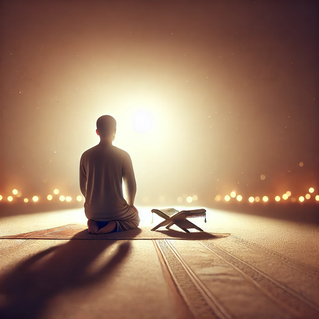 DALL·E 2024-10-21 13.53.36 - A peaceful image of a person in prayer (salah), kneeling on a prayer mat in a calm and serene environment. The figure is in the traditional posture of