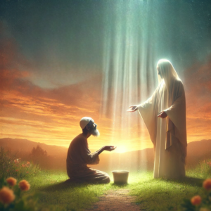 DALL·E 2024-10-22 11.46.22 - A serene and uplifting image representing the concept of charity in Islam. A figure is seen giving charity to a poor person with a glowing, compassion-Photoroom