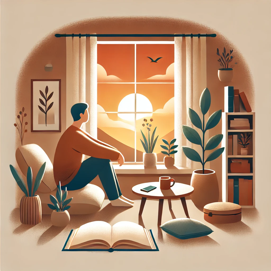 DALL·E 2024-10-22 13.43.49 - A peaceful and serene scene depicting contentment with what one has. Show a person sitting in a simple yet cozy living space, surrounded by minimal bu