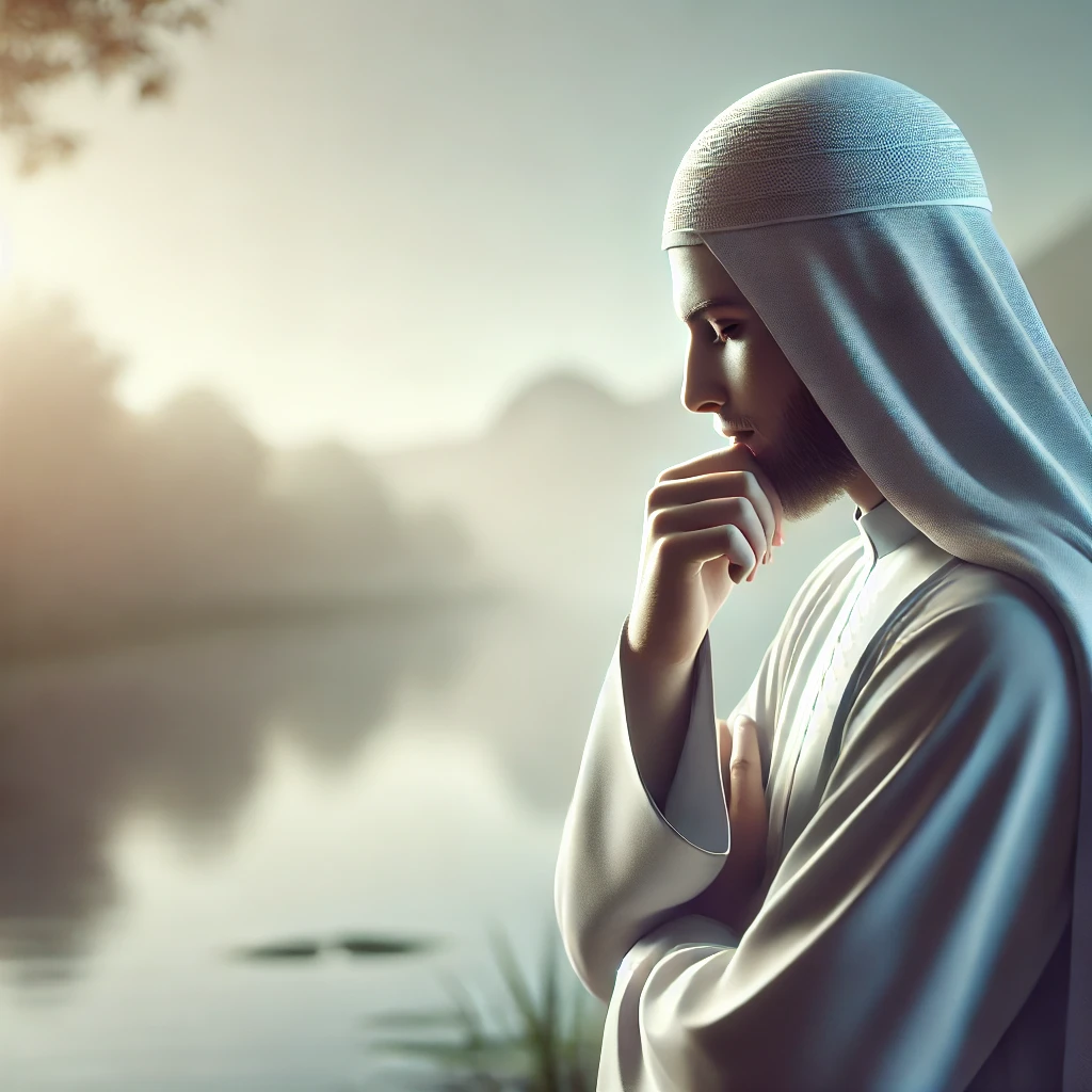 DALL·E 2024-11-13 10.46.34 - A serene and peaceful image of a person standing in a calm environment, reflecting on life. The person is wearing traditional Islamic attire and has a