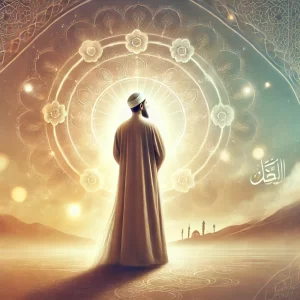 DALL·E 2024-11-05 09.11.32 - An inspirational image depicting faith and hope in God, with a serene figure in traditional Islamic attire standing calmly against a background of sof